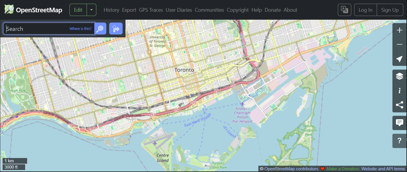 The OpenStreetMap web client showing downtown Toronto and the islands